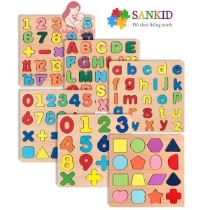 Bảng chữ cái gỗ nổi 20*20cm, bảng chữ số và bảng hình khối cho bé làm quen với chữ cái cho bé